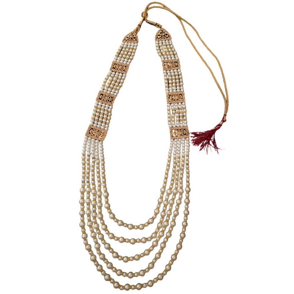 Mens Pearl Indian Wedding Groom Necklace Multi Layer Pearl Sherwani Mala